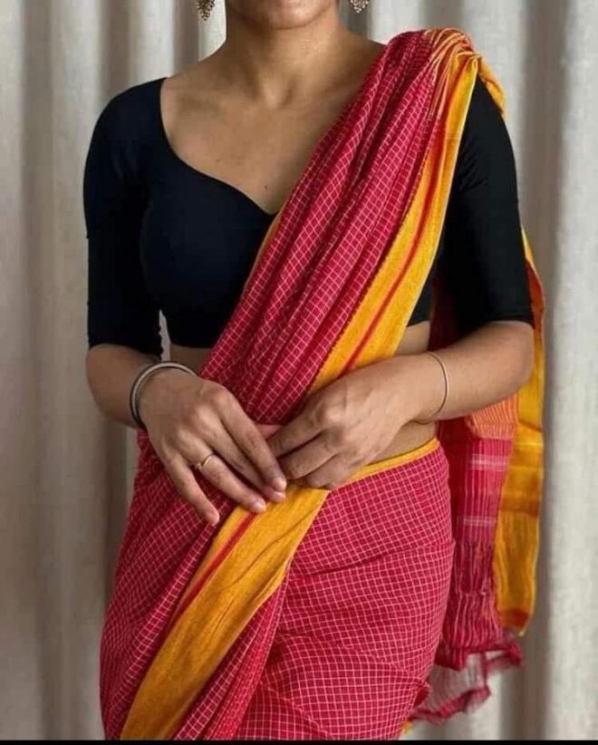 Red | Patteda Anchu Pure Cotton handloom Saree | Dual tone border