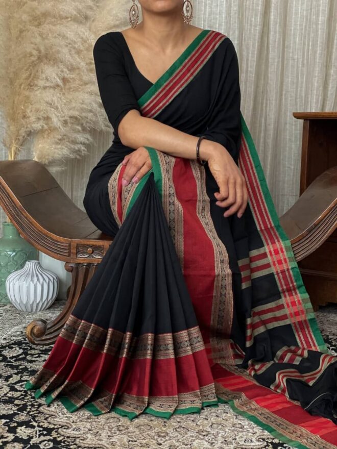 Narayanpet Pure Cotton Saree handloom made with dual tone border-Black