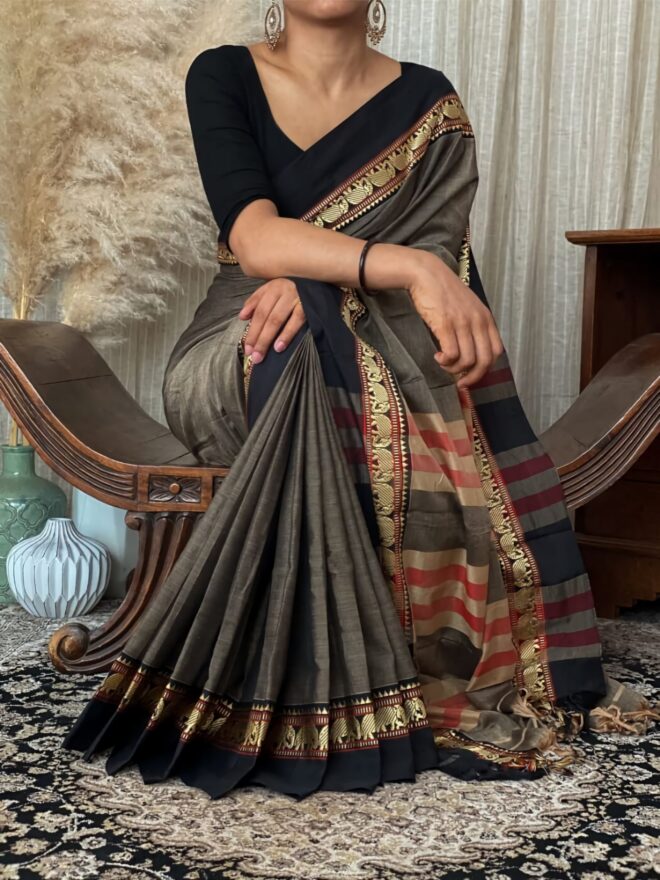 Traditional Narayanpet 100% Pure Cotton | Handloom Saree | Brown