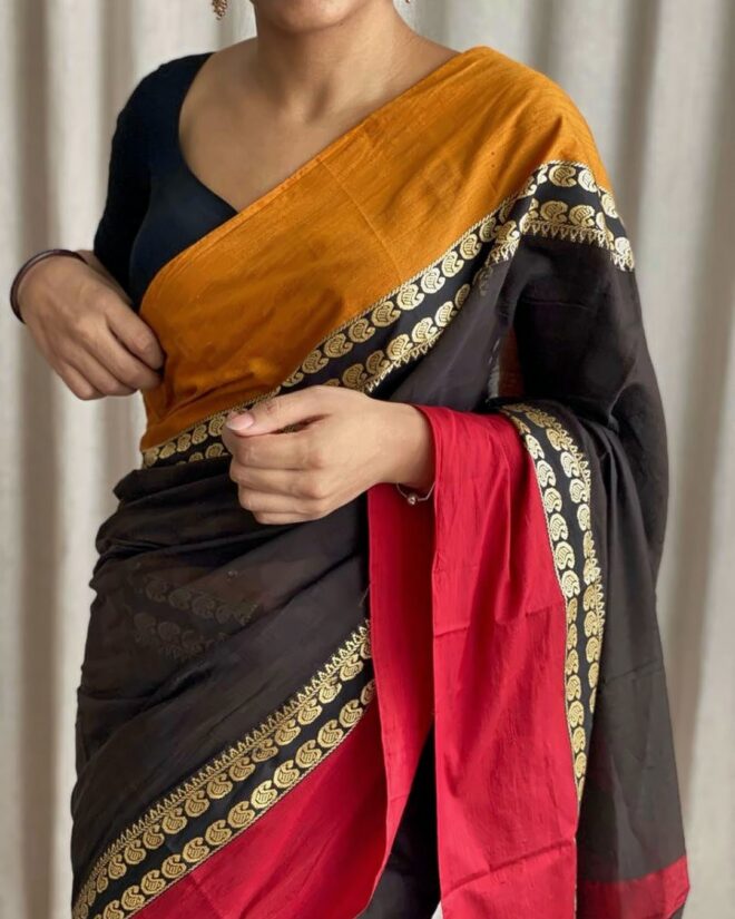 Traditional Narayanpet Pure Cotton handloom Saree Motif border-Black