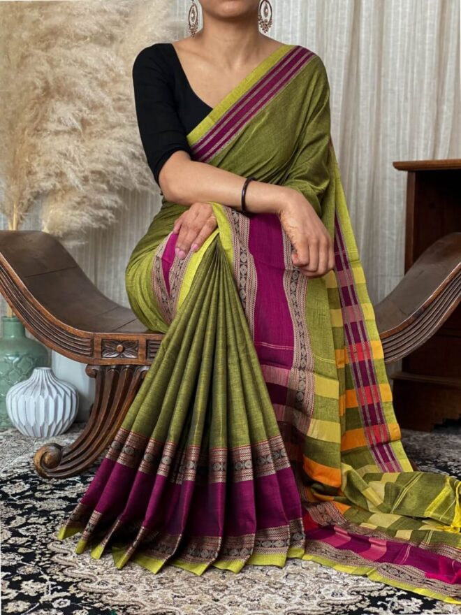 Narayanpet Pure Cotton Saree handloom made with dual tone border-Green