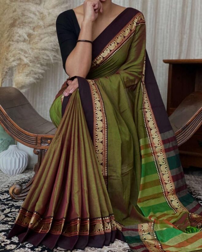Traditional Mercerised |Pure Cotton Saree|Green