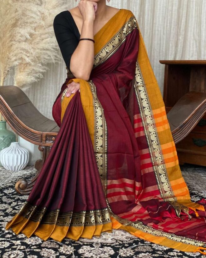 Maroon | Narayanpet Mercerised Pure Cotton | Handloom Saree