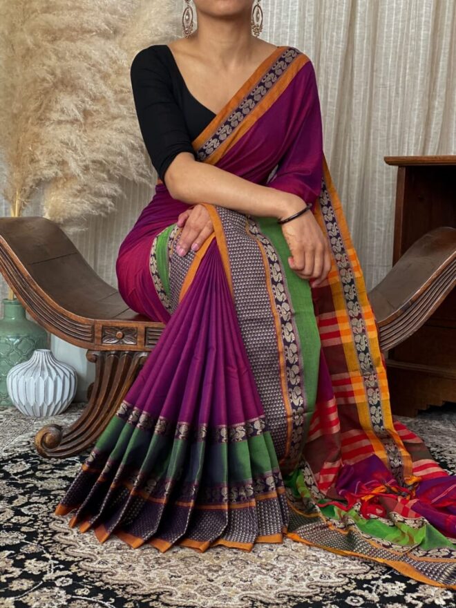 Deep Purple Narayanpet 100% Cotton Saree | Dual-Tone Motif Border | Handloom Saree