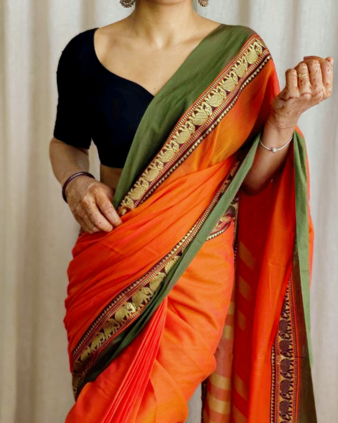 Orange | Narayanpet Mercerised Pure Cotton Saree | Traditional handmade