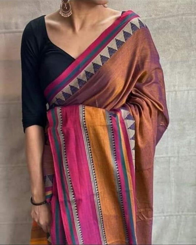 Traditional Mercerised Pure Cotton handloom Saree -Broad border -Brown