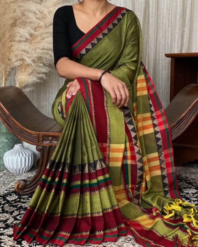 Traditional Mercerised Pure Cotton handloom Saree -Broad border
