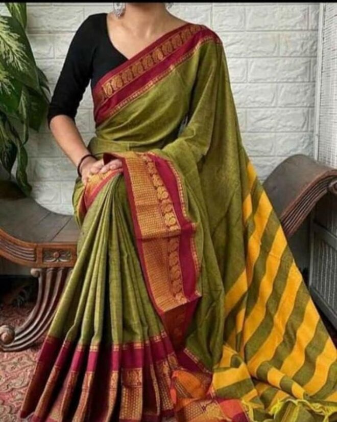 Olive Green Narayanpet Pure Cotton Handloom Saree |Traditional Broad-Border Ethnic Wear
