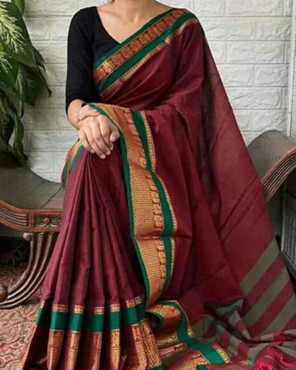 Mehndi Green and Maroon color silk sarees with zari border saree design  -SILK0002240