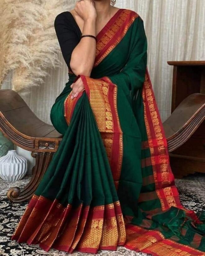 Green Narayanpet Pure Cotton Handloom Saree | Traditional broad Border | Cotton Saree