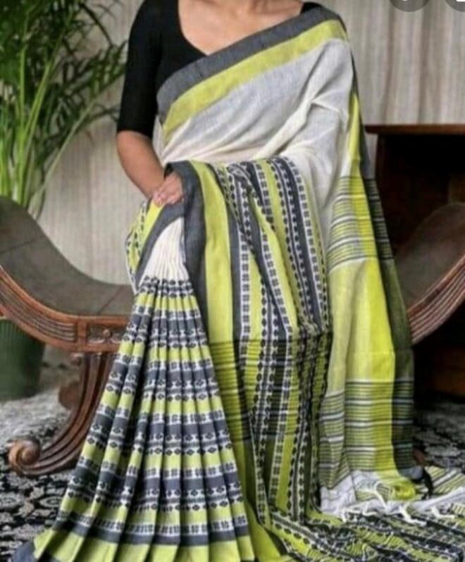 Handloom khadi cotton saree|Off white with dual tone border
