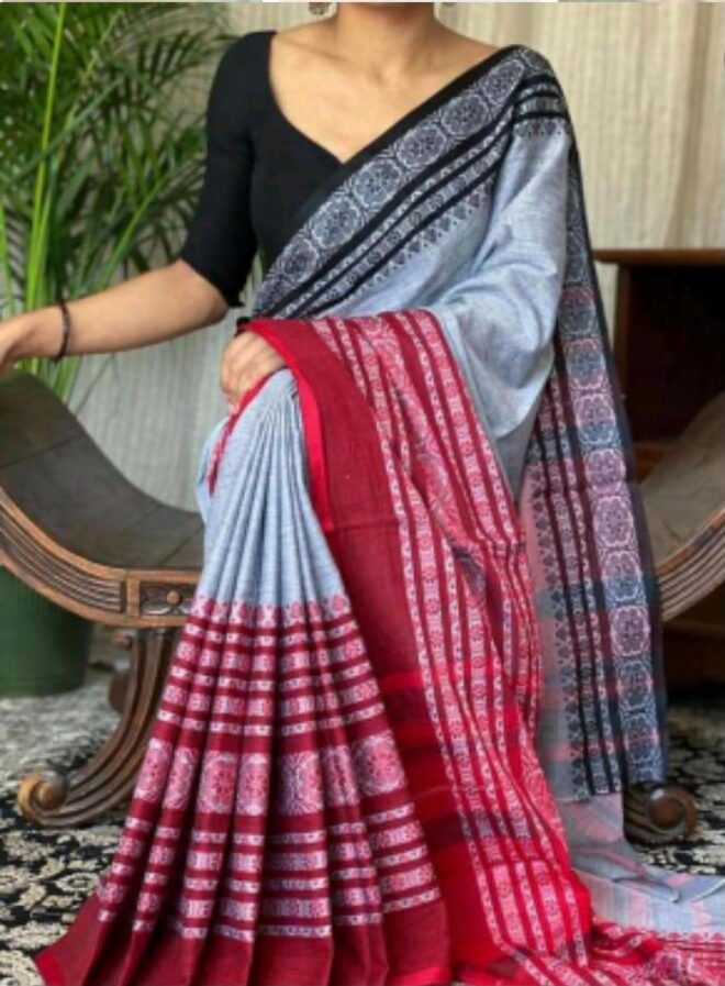 Handloom khadi cotton saree|Grey with red border