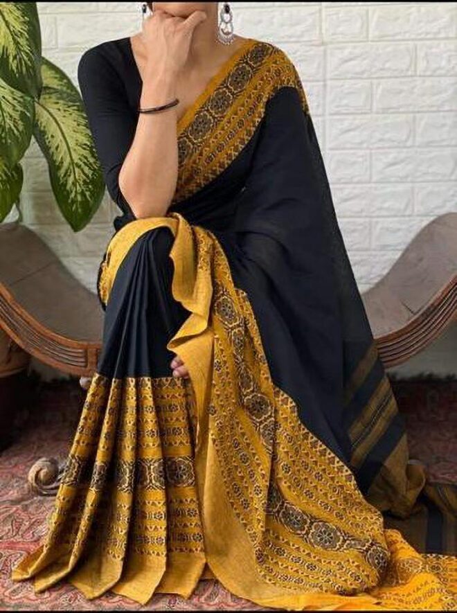 Handloom khadi cotton saree|Black with mustard yellow border