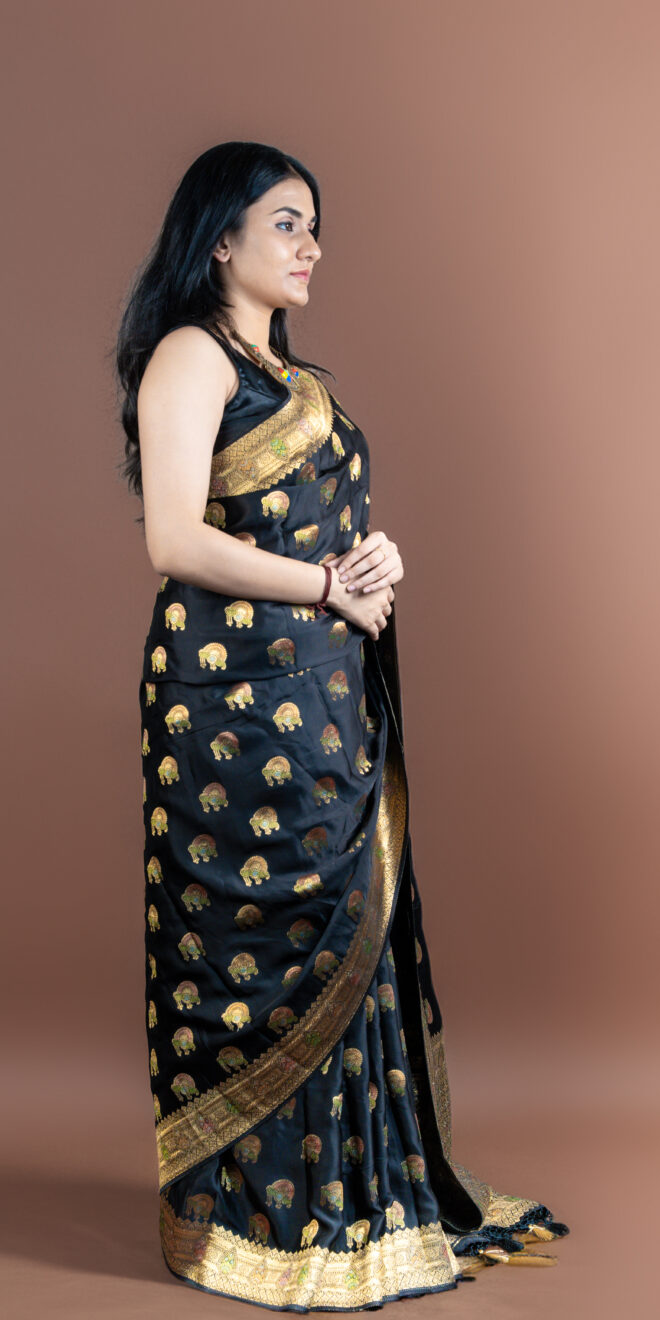 Pure Mashru Banarasi Silk Saree – Elephant Motif & Zari Pallu