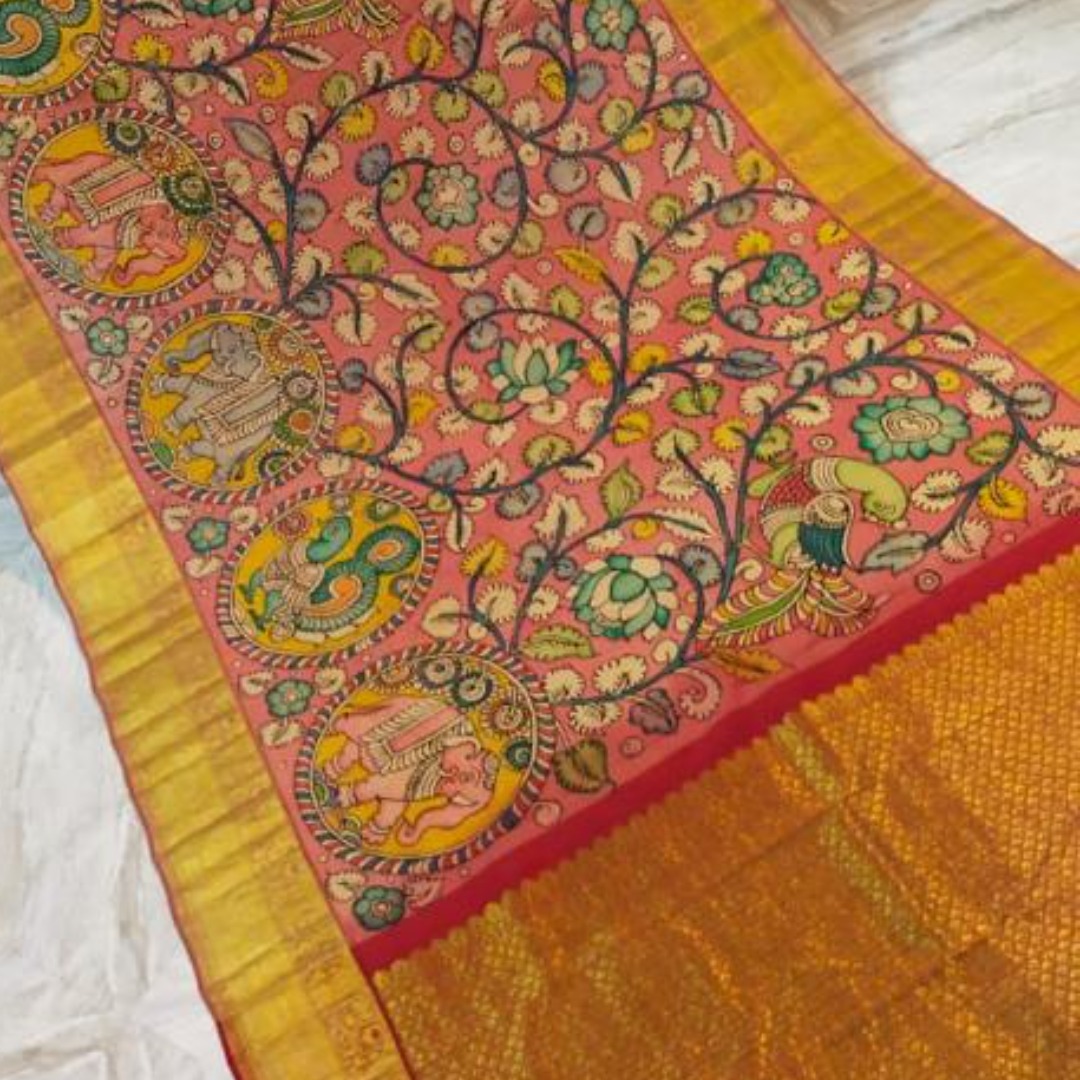 Anya - Where tradition meets fashion - An elegantly customized Kalamkari  half saree with Kanchi silk border! Here, we are featuring our first client  in a masterpiece created especially for her! This