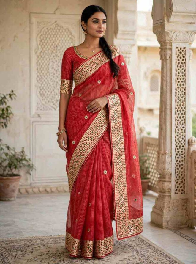 Kota Doria | Gota Patti Aari Work Saree | Elegant Festive Wear