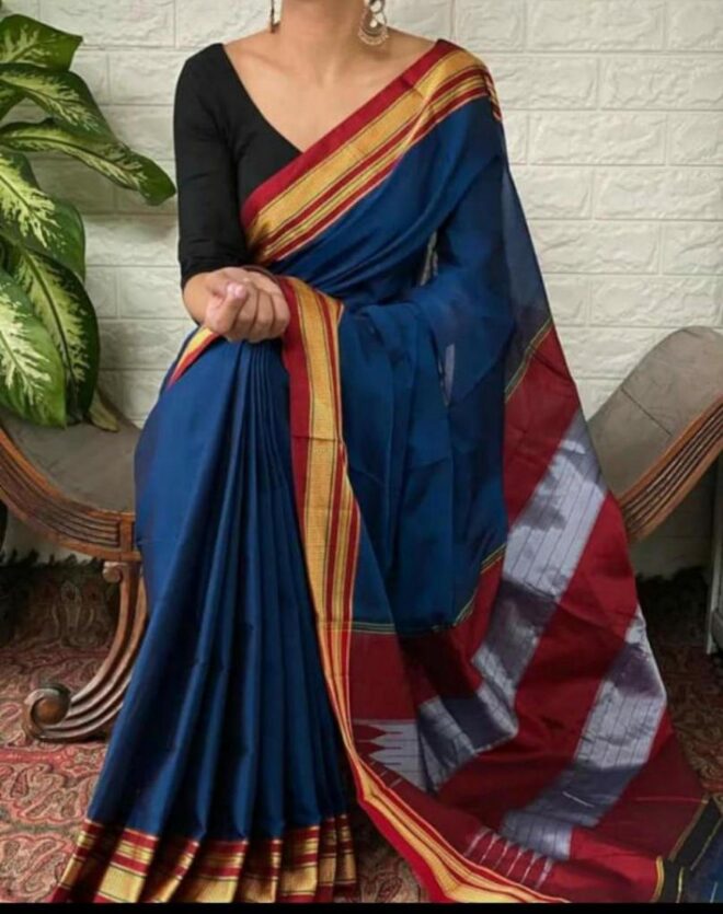 Irkal-ilkal saree|Rayon blended with cotton|Blue