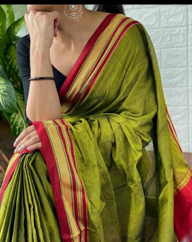 Irkal-ilkal saree|Rayon blended with cotton|Olive green