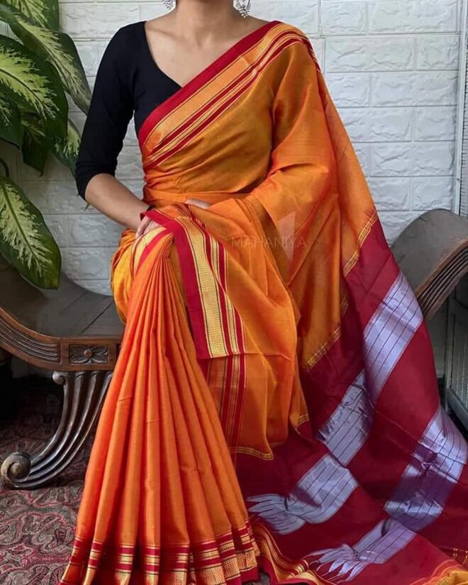 Irkal-ilkal saree|Rayon blended with cotton|Orange