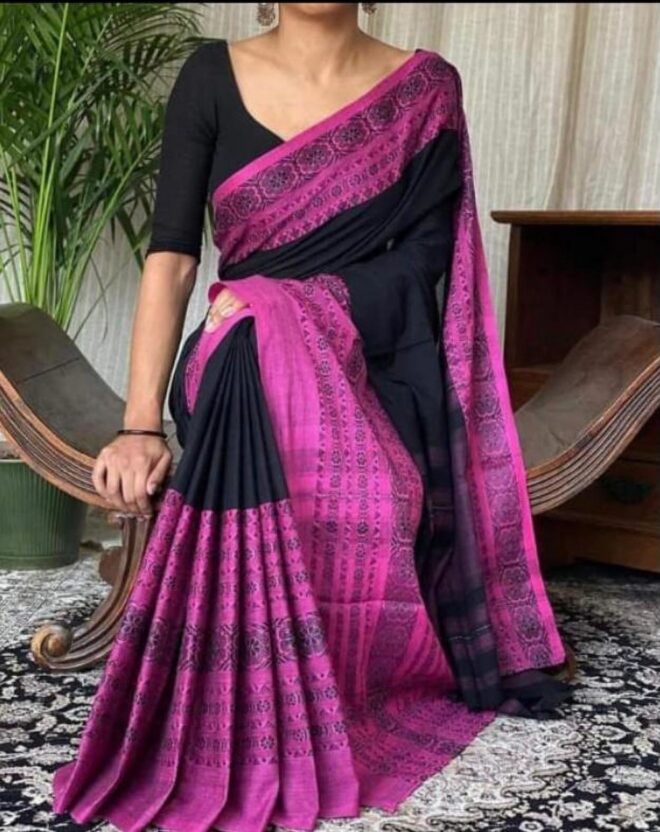 Handloom khadi cotton saree|Black with pink border