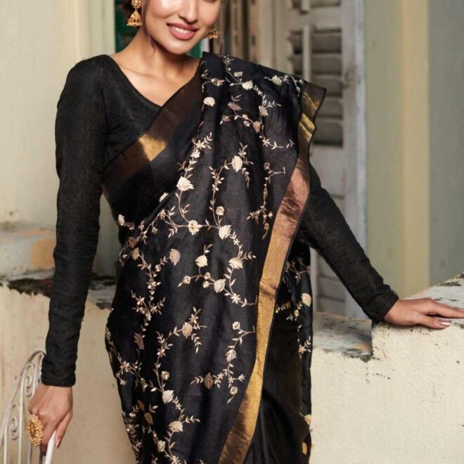 Pure silk linen saree |Embroidered |Zari border