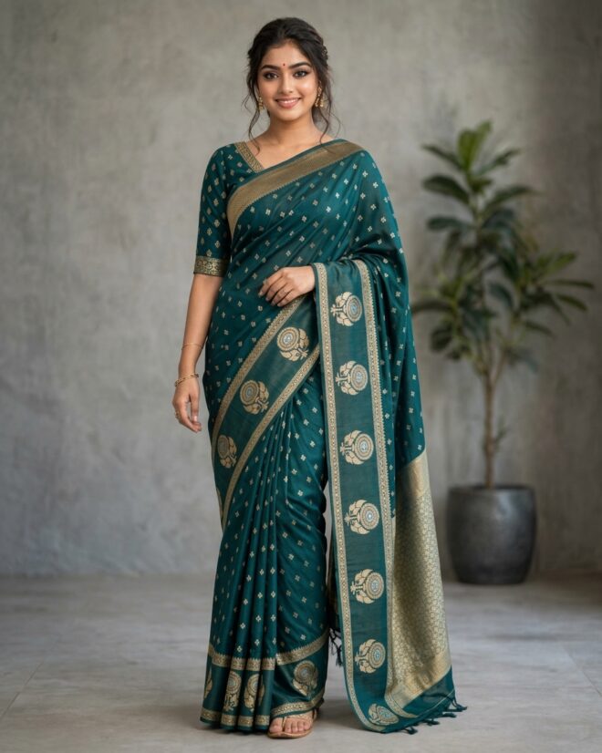 Dark Green Zari Woven Soft Silk Saree with Butti |Designer Border & Intricate Zari Pallu