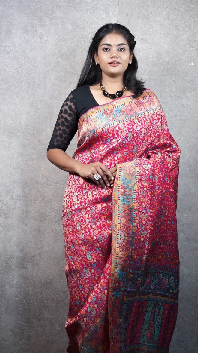 Pink Kashmiri Kani Silk Saree |Meenakari Floral Paisley