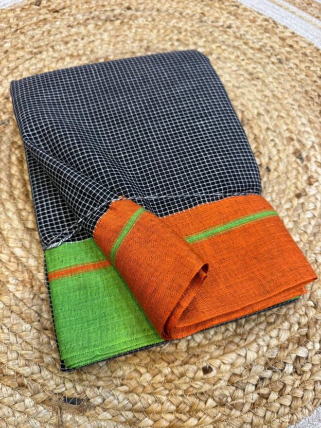 Pure 100% cotton handmade | Patteda Anchu saree | Green & Orange border