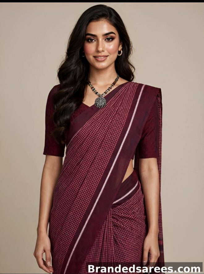 Patteda Anchu Saree | Pure 100% Cotton | Handloom | Maroon checks | Maroon border