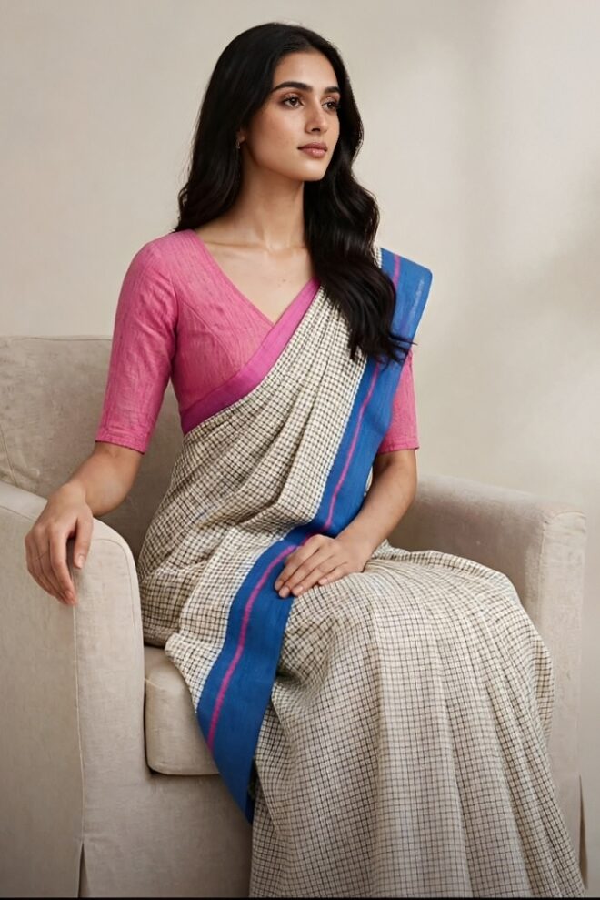 Off white Patteda Anchu | Light blue & Pink border | Pure cotton | Handmade
