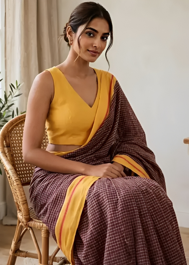 Brown | Patteda Anchu Saree | Pure Cotton | Handloom mark
