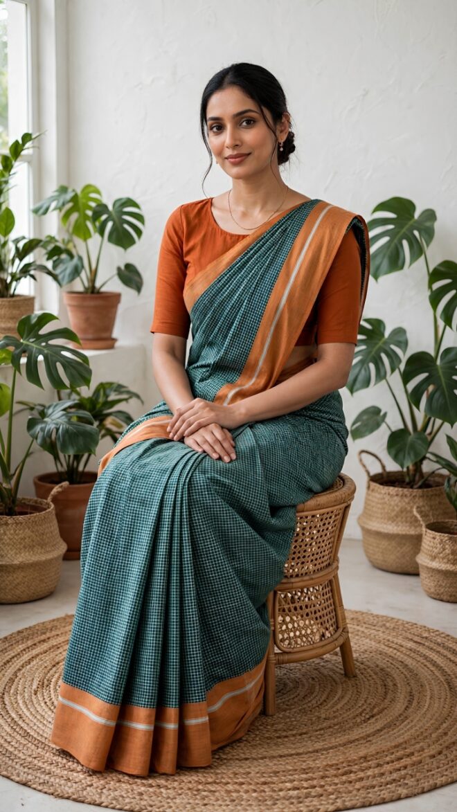 Green Patteda Anchu Saree | Pure 100% Cotton Handloom | Orange Border