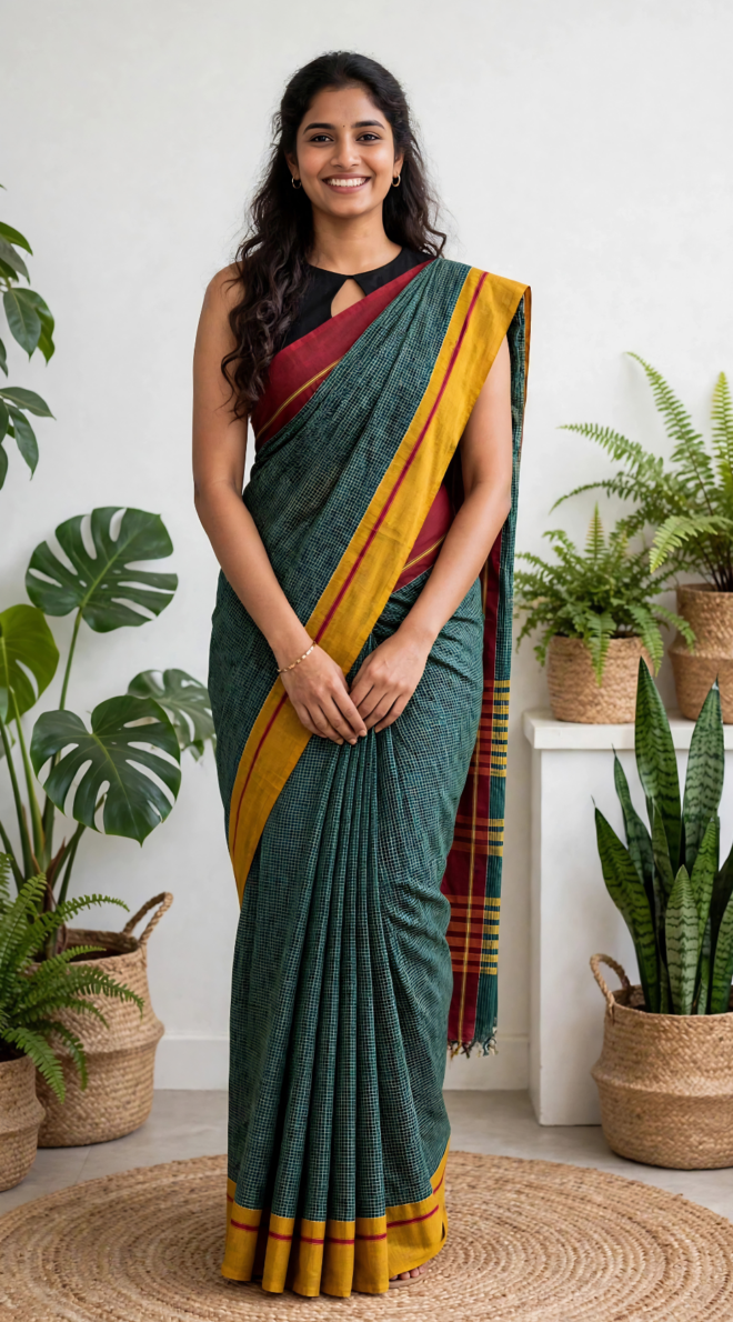 Green Patteda Anchu Saree | Pure 100% Cotton Handloom | Red & Yellow border