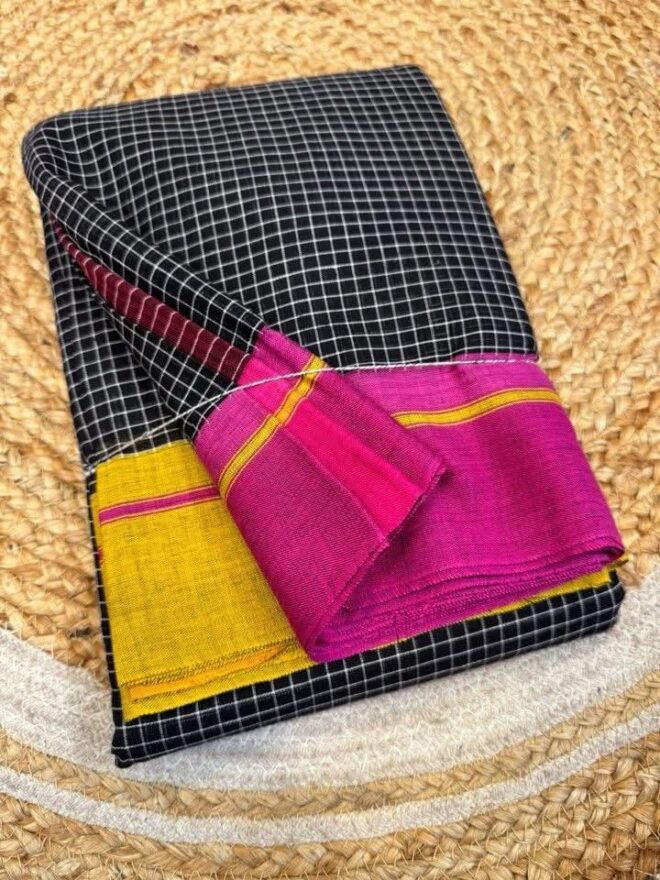 Pure 100% cotton handmade | Black Patteda Anchu saree | Pink & Yellow border
