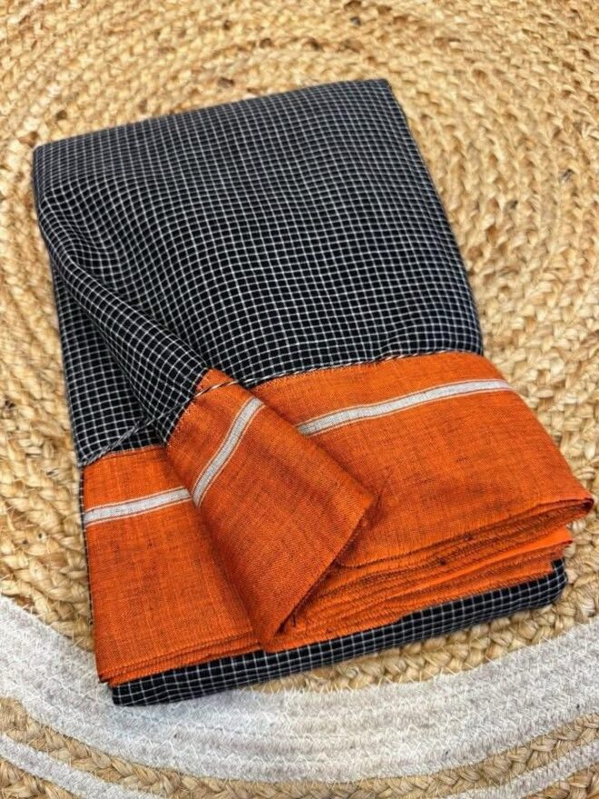 Pure 100% cotton handmade | Patteda Anchu saree | Orange border