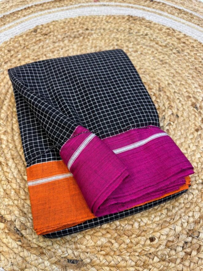 Pure 100% cotton handmade | Patteda Anchu saree | Pink & Orange border