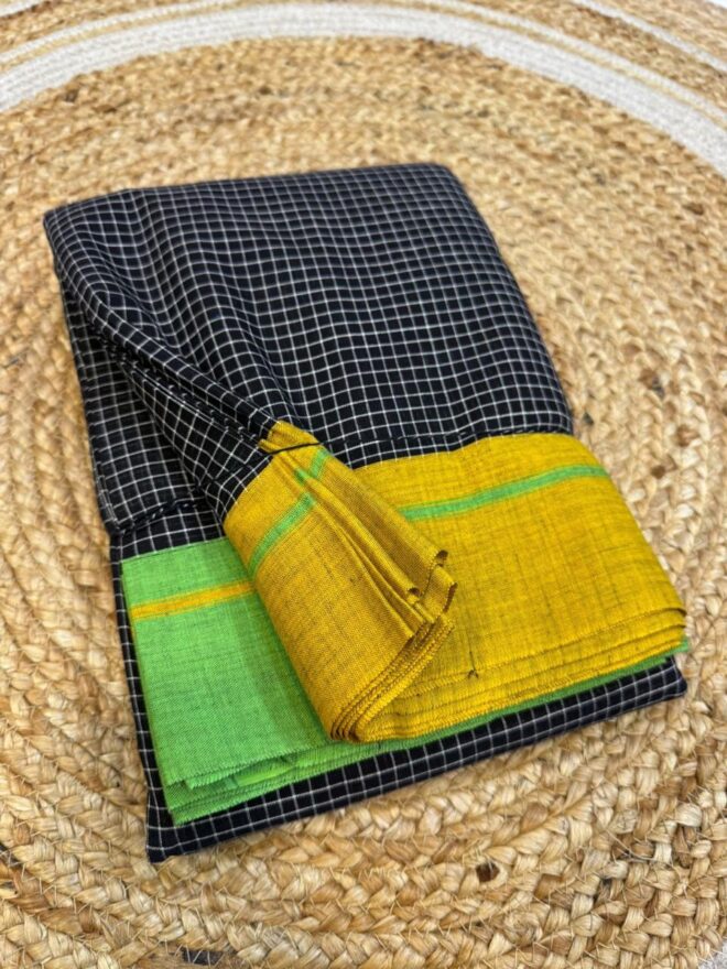 Pure 100% cotton handmade | Black Patteda Anchu saree | Green & Yellow border