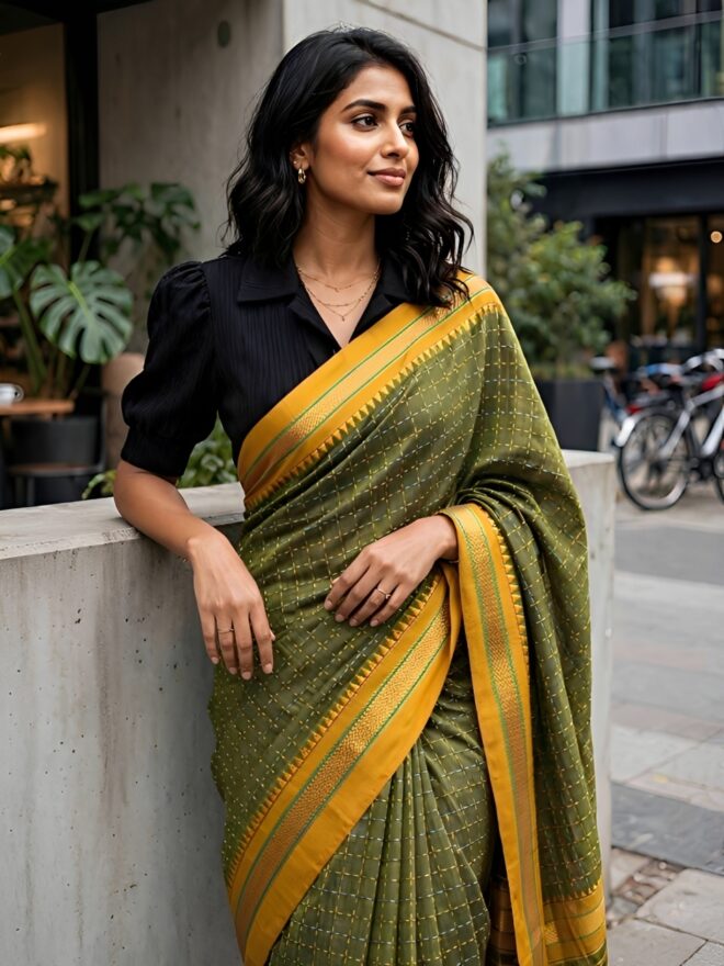 Olive Green | Ilkal Cotton saree| Mustard yellow border