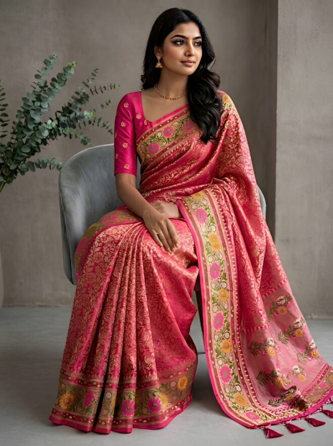 Pink Banarasi Satin Silk | Meenakari & Silver Zari