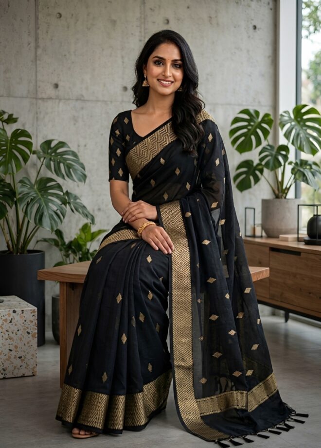 Black | Banarasi Katan Silk saree | Geometric Pattern