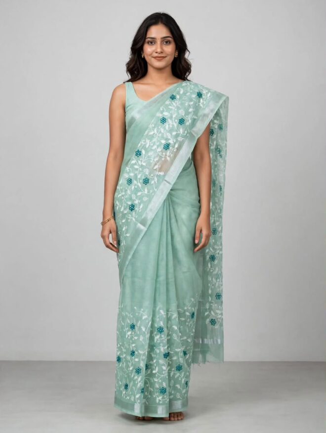 Mint Green | Kota Cotton Saree| Embroidered | Handcrafted