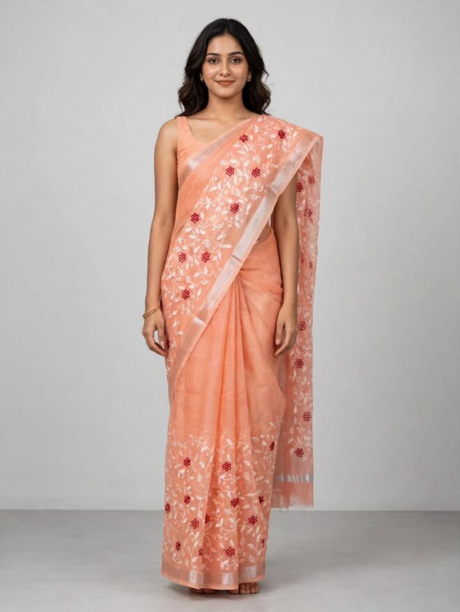 Peach Orange | Kota Cotton Saree| Embroidered | Handcrafted