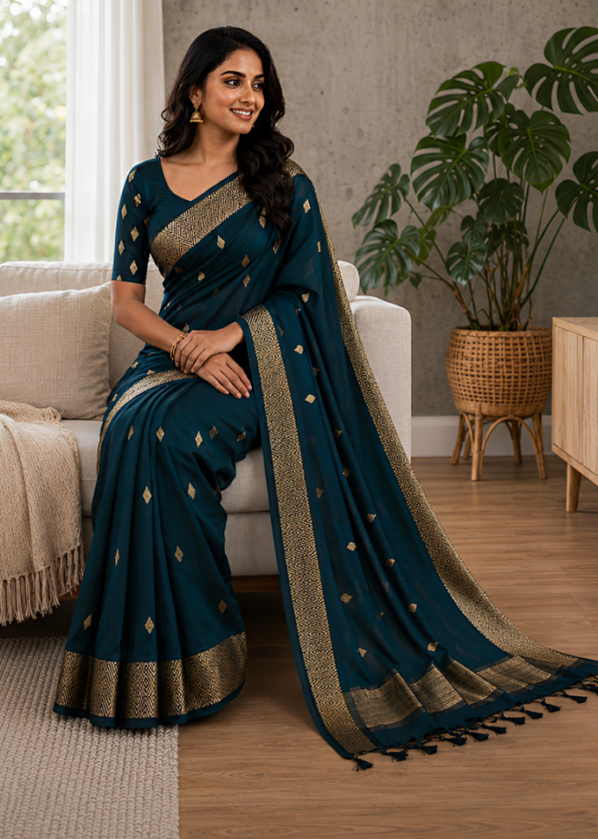 Teal Green | Banarasi Katan Silk saree | Geometric Pattern