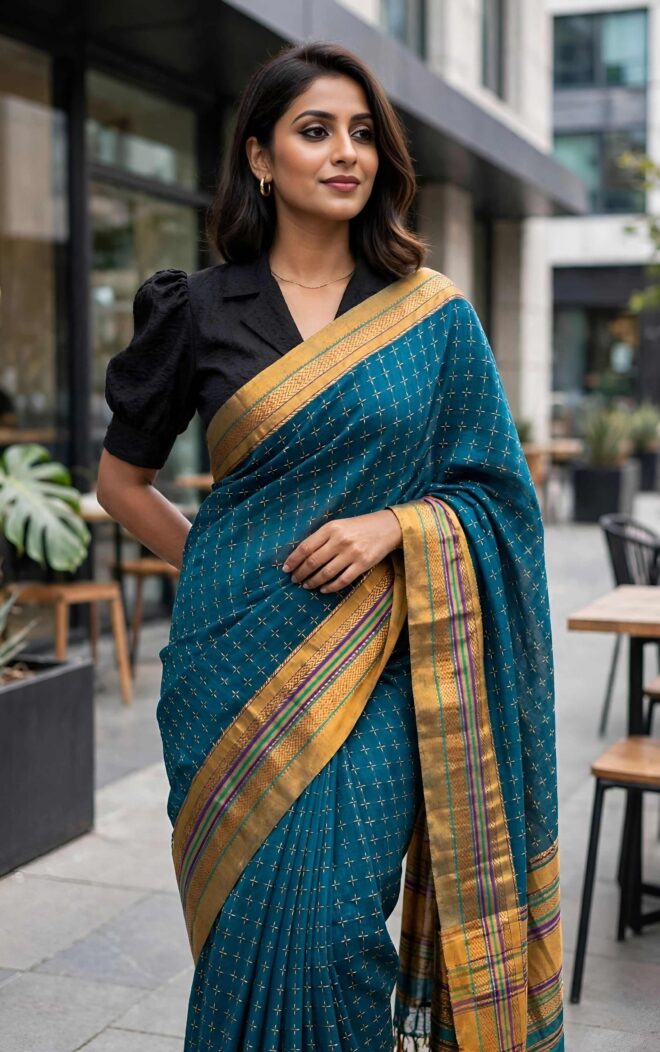 Ilkal Cotton saree | Teal Blue | Mustard yellow border
